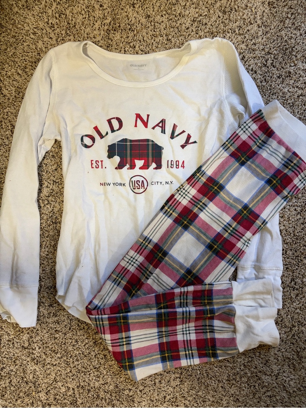 Old Navy White Pajama Set with Red Plaid Bear Graphic